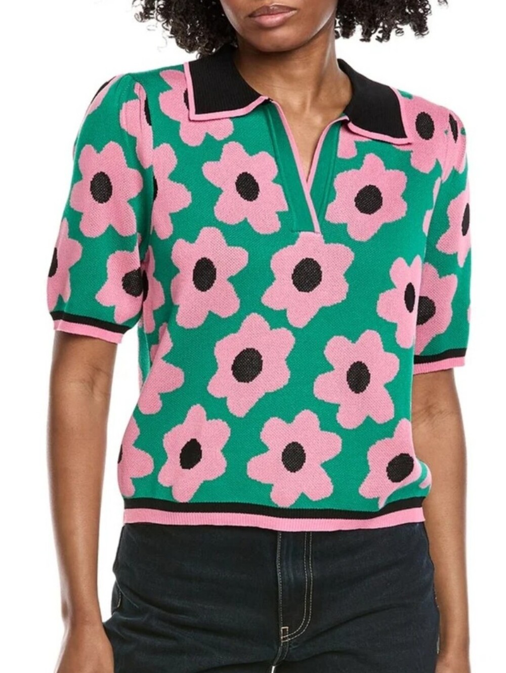 Nanette Lepore Green Floral Knit Polo Top with Pink Blooms
